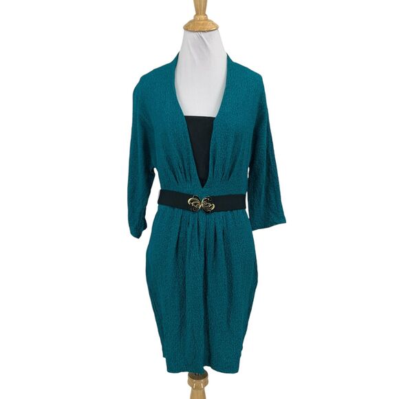 Trina Turk Dress Womens 6 Jade Peacock Silk Cloque Crinkled Textured Retro Belt - Picture 1 of 14